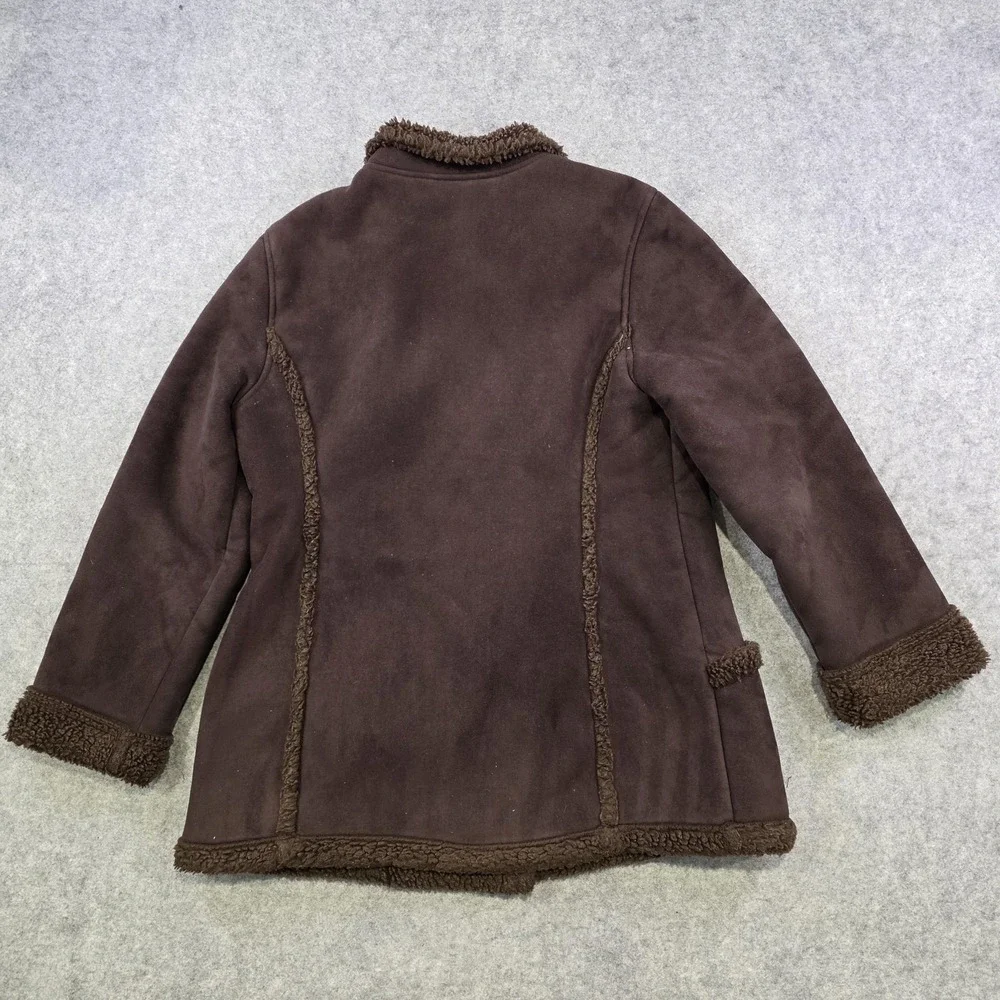 LL Bean Coat Womens Medium Pet Brown Faux Fur‎ Lined Fleece Sherpa Button Front